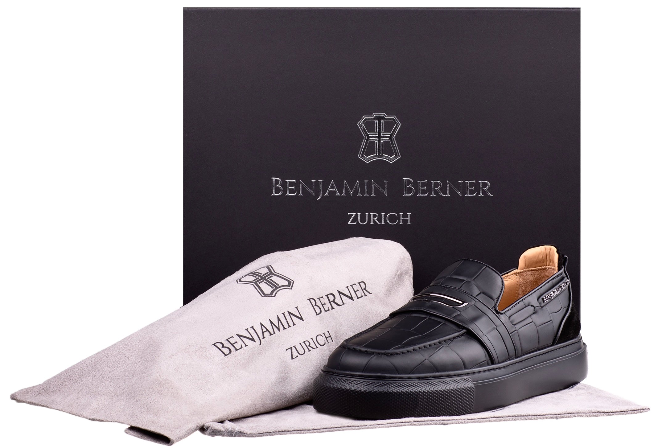 BNJ ENZO BLACK CROCODILE EFFECT CALFSKIN PENNY LOAFER