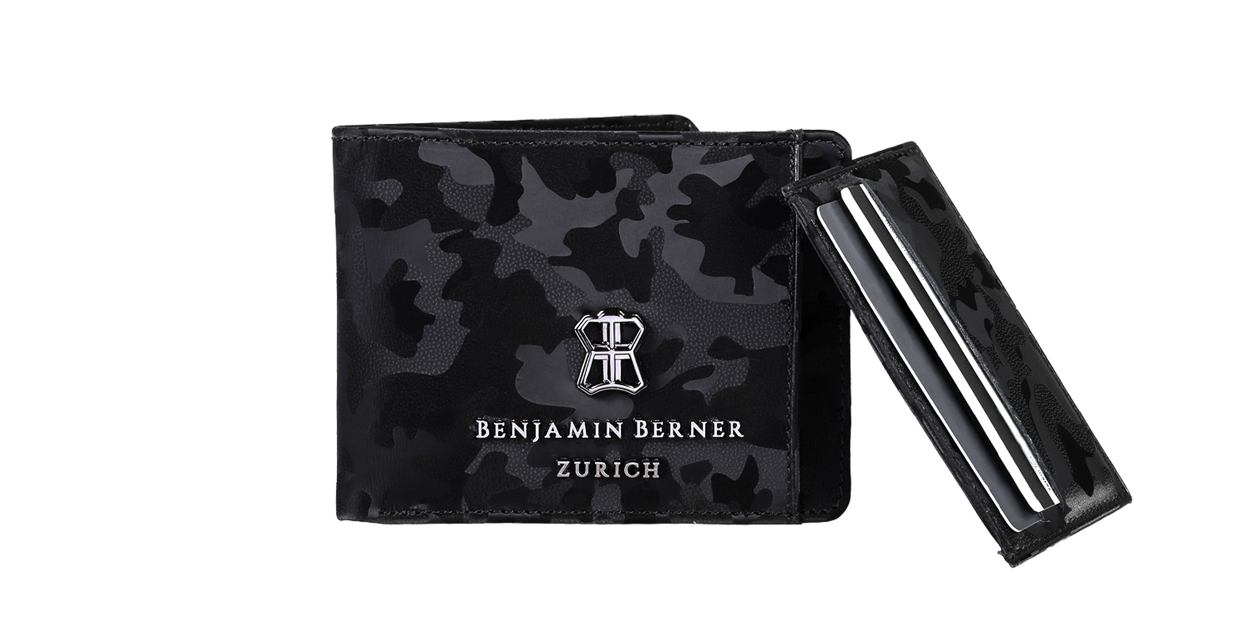 BNJ WALLET WITH SEPARATE CARD HOLDER BLACK REFLECTIVE CAMOUFLAGE CALFSKIN