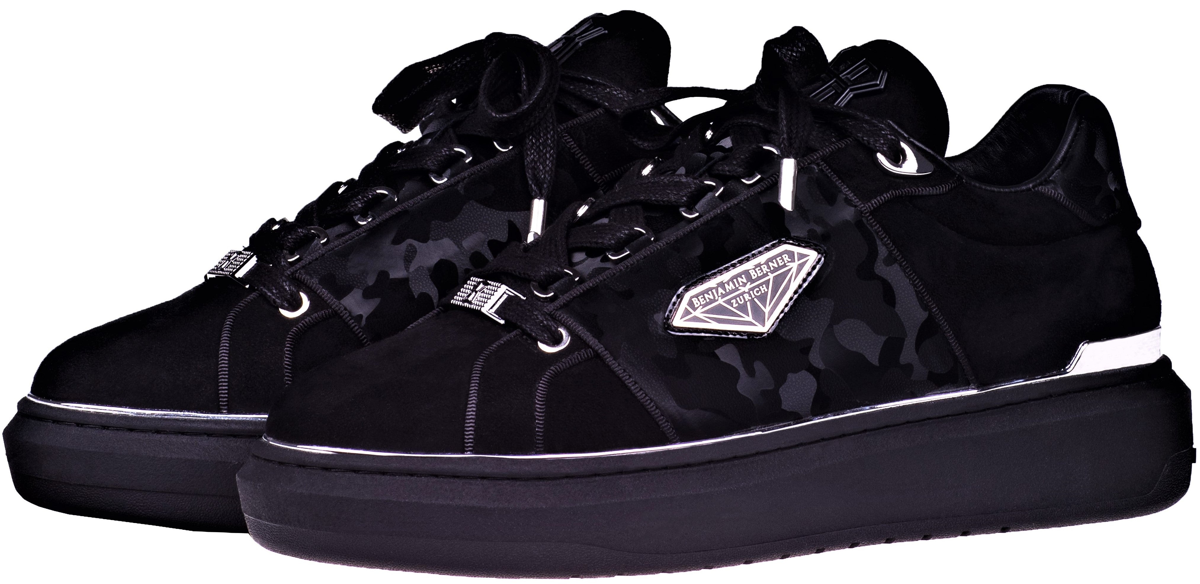 BNJ LUCAS Low-Top ALL BLACK VELVET SUEDE-REFLECTIVE CAMOUFLAGE