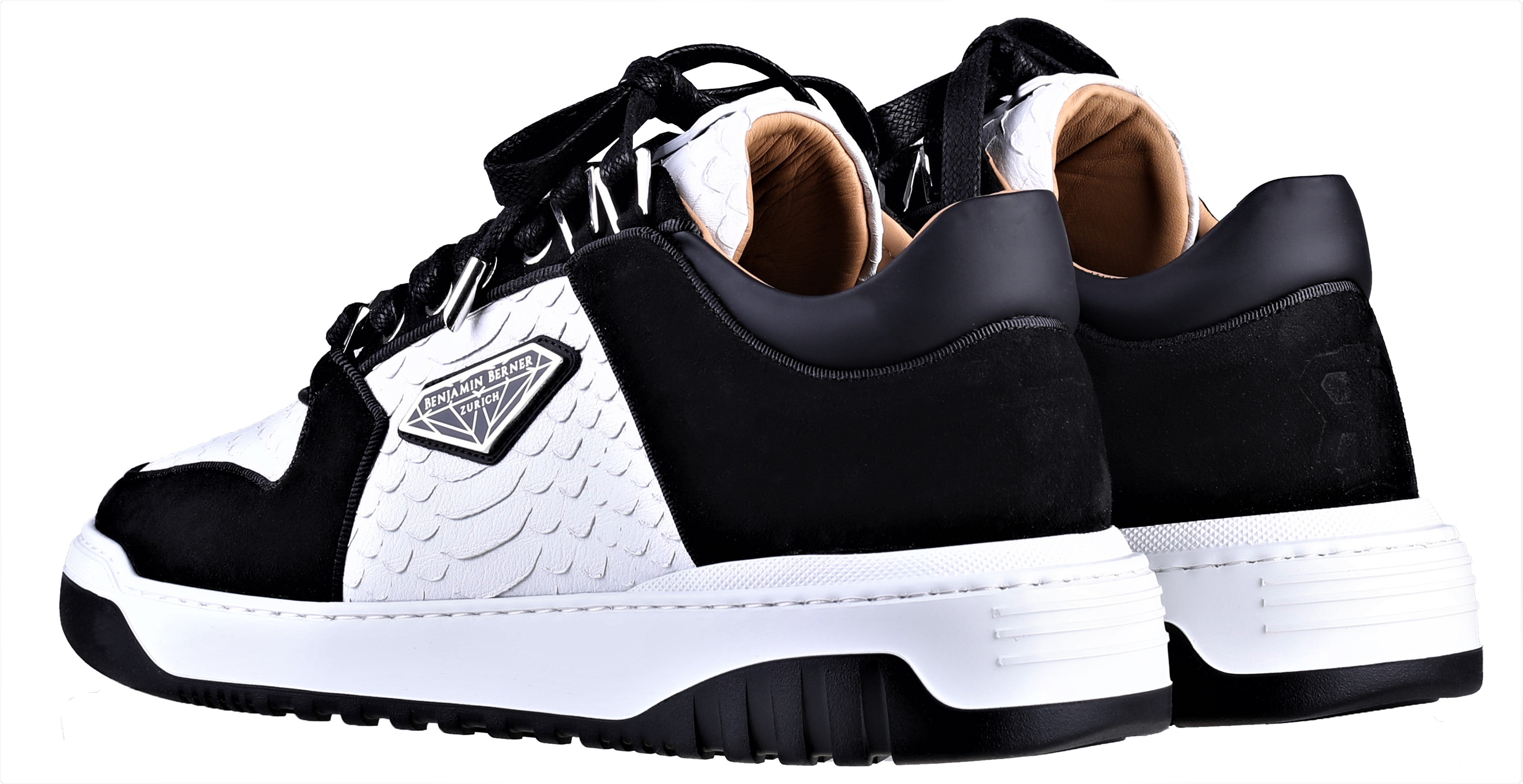 BNJ SIGMA Low-Top WHITE PYTHON CUT NAPPA-BLACK VELVET SUEDE