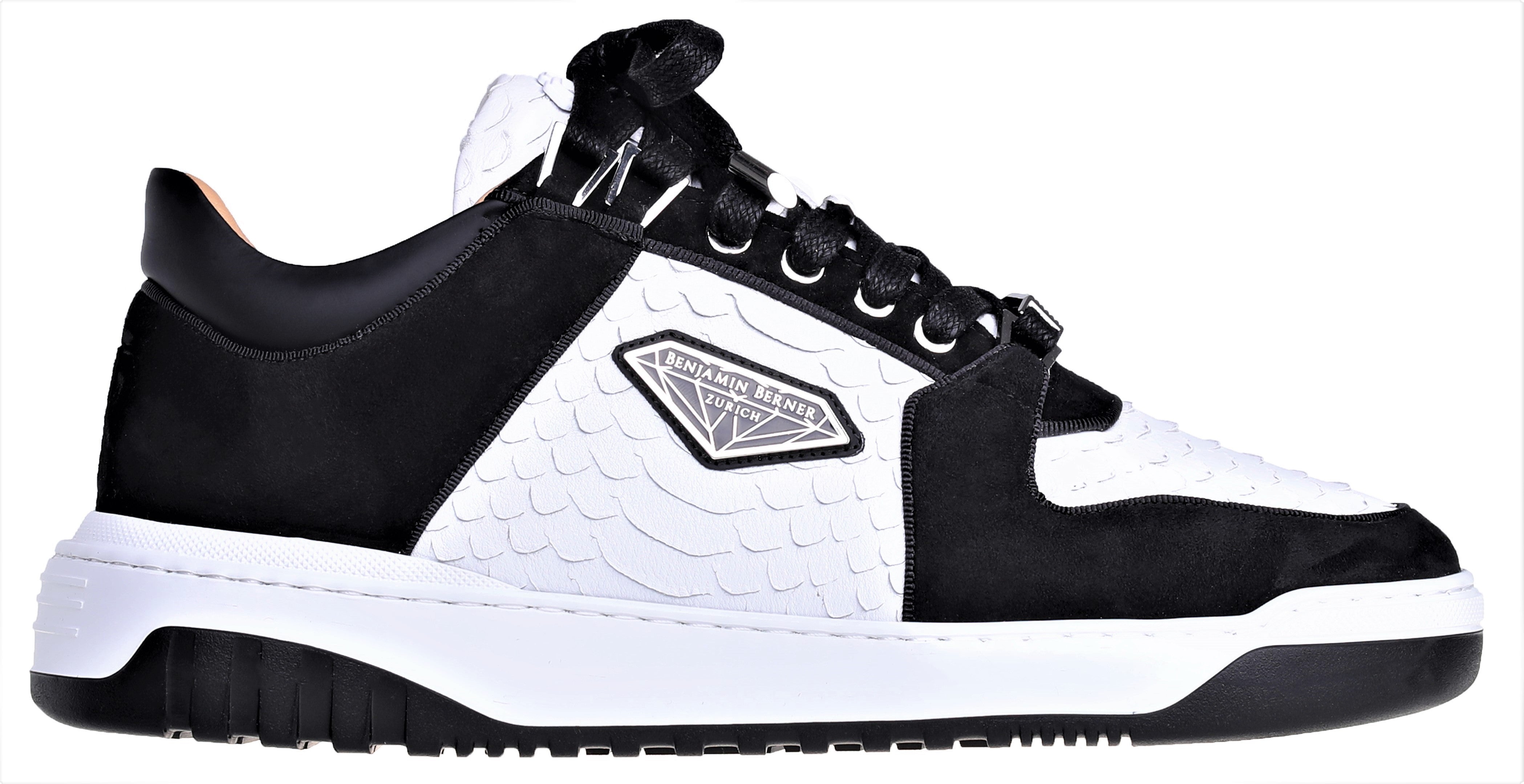 BNJ SIGMA Low-Top WHITE PYTHON CUT NAPPA-BLACK VELVET SUEDE