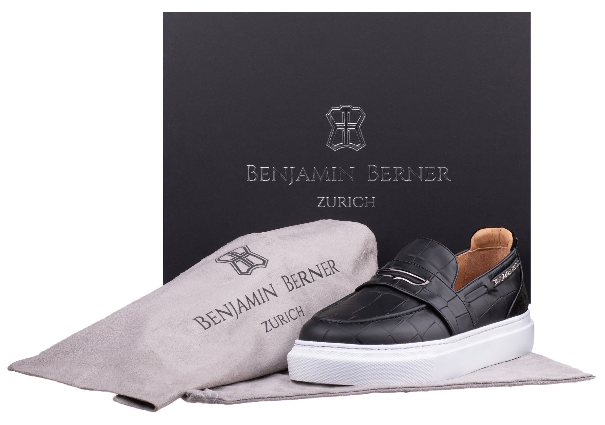 BNJ ENZO BLACK CROCODILE EFFECT CALFSKIN PENNY LOAFER