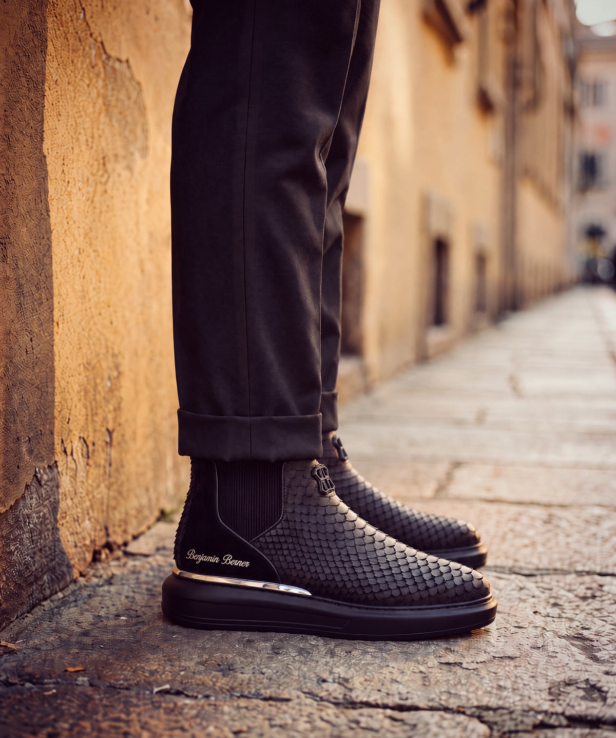 BNJ LEO ALL BLACK PYTHON CUT CHELSEA SNEAKERS