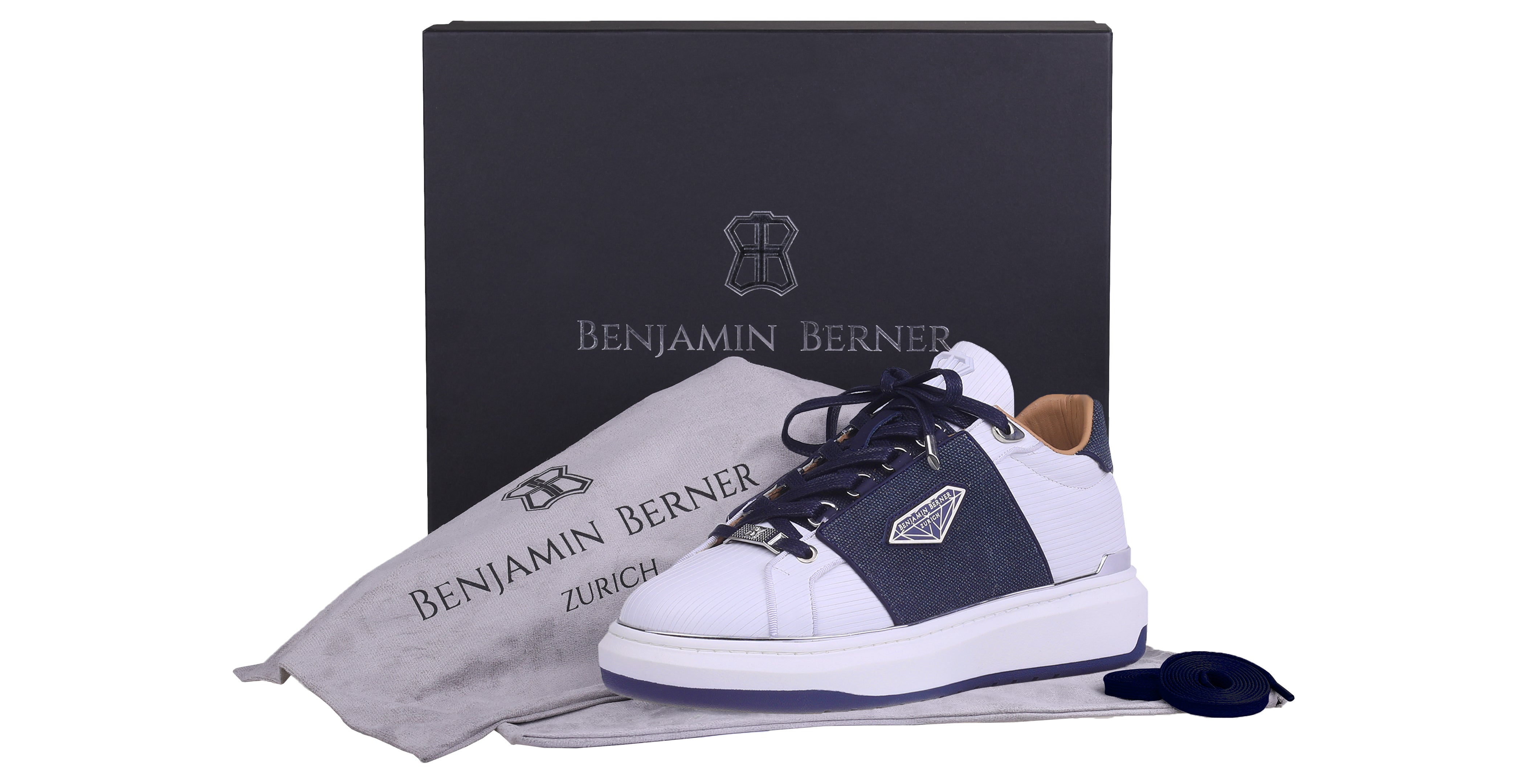 BNJ LUCAS Low-Top  WHITE 3D STRIPED-NAVY WAXED JEAN