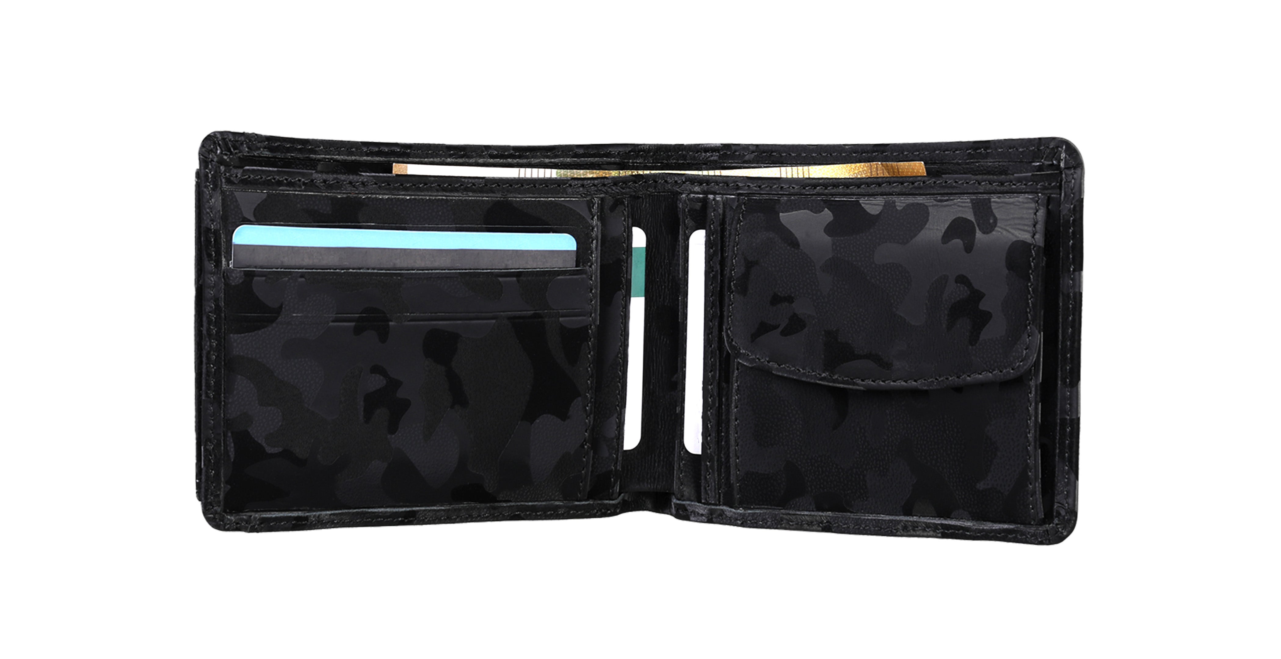 BNJ WALLET WITH SEPARATE CARD HOLDER  BLACK REFLECTIVE CAMOUFLAGE CALFSKIN