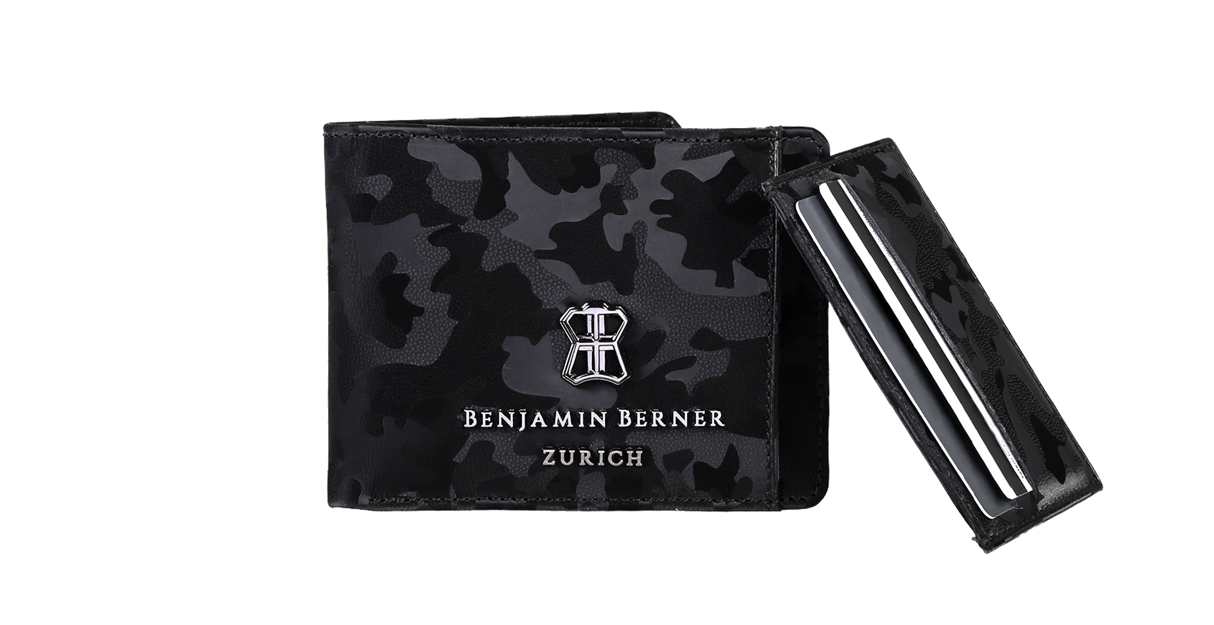 BNJ WALLET WITH SEPARATE CARD HOLDER  BLACK REFLECTIVE CAMOUFLAGE CALFSKIN
