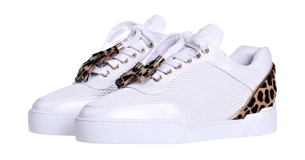 Women's Low-Top White Silk Finish - Leopard Pony Skin