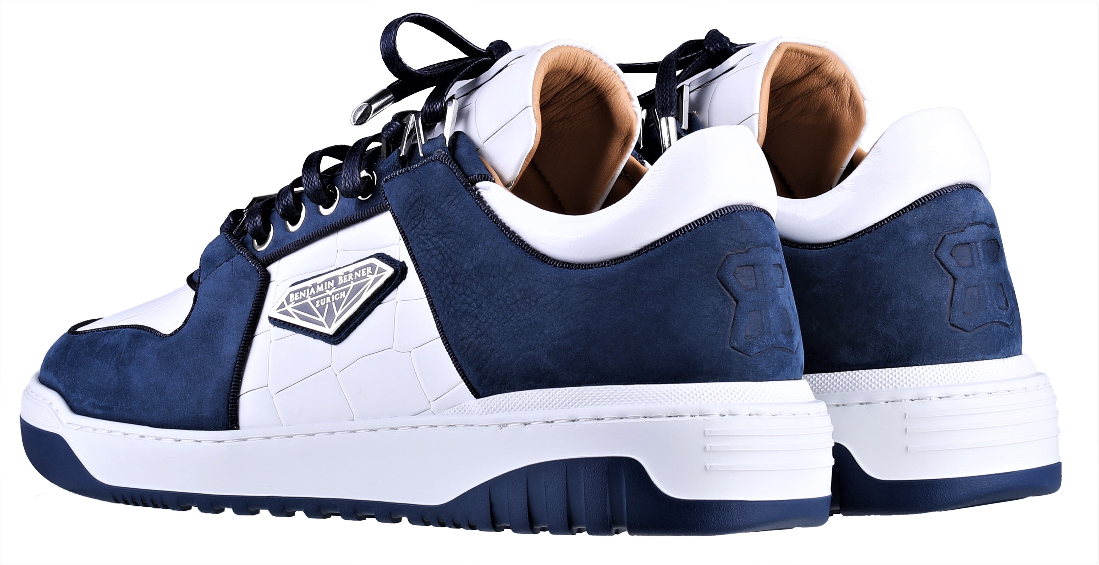 BNJ SIGMA Low-Top WHITE MATT CROCODILE-MIDNIGHT BLUE WAXED NUBUCK
