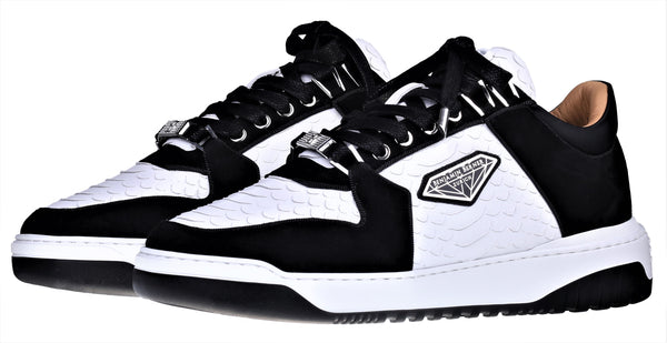 BNJ SIGMA Low-Top WHITE PYTHON CUT NAPPA-BLACK VELVET SUEDE