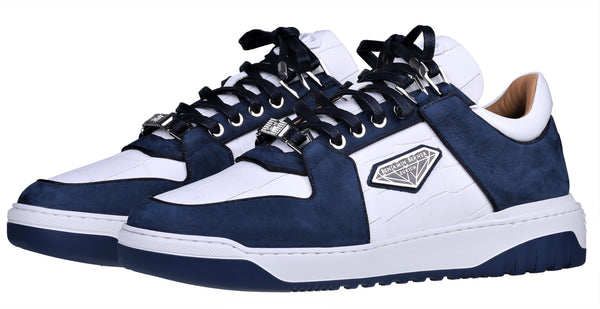 BNJ SIGMA Low-Top WHITE MATT CROCODILE-MIDNIGHT BLUE WAXED NUBUCK