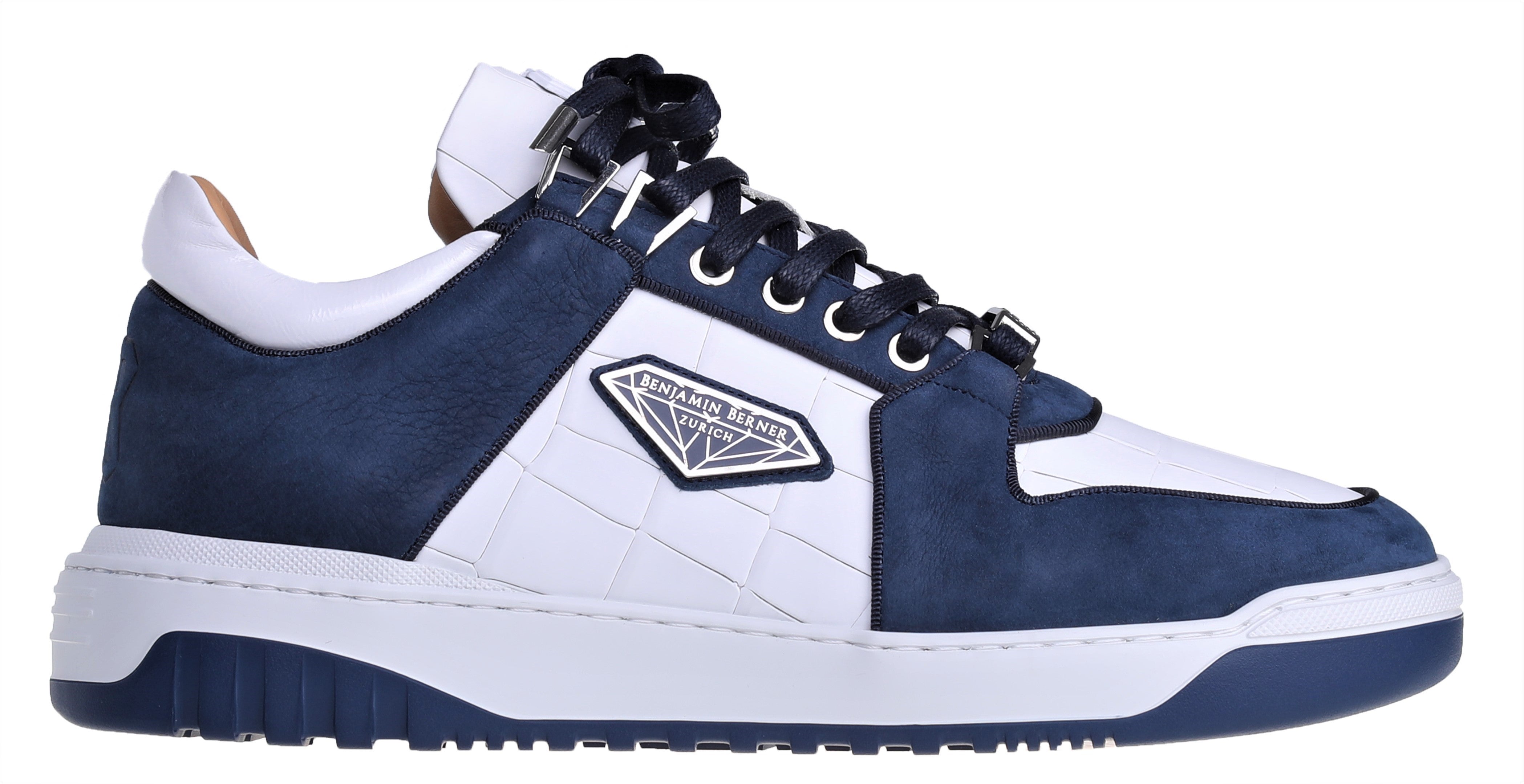 BNJ SIGMA Low-Top WHITE MATT CROCODILE-MIDNIGHT BLUE WAXED NUBUCK